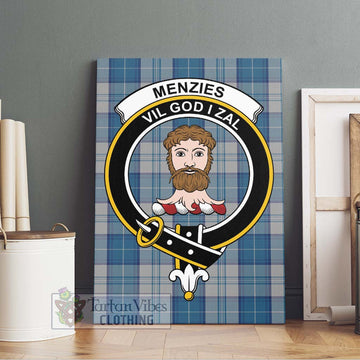 Menzies Dress Blue and White Tartan Canvas Print Wall Art with Family Crest