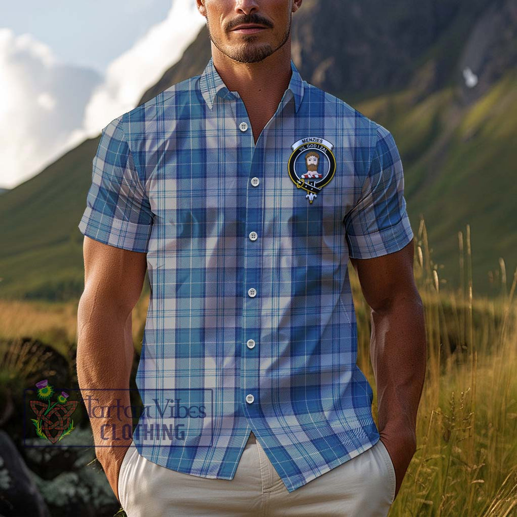 Menzies Dress Blue and White Tartan Cotton Hawaiian Shirt with Family Crest Adult - Tartan Vibes Clothing