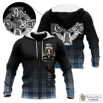 Menzies Dress Blue and White Tartan Knitted Hoodie Featuring Alba Gu Brath Family Crest Celtic Inspired