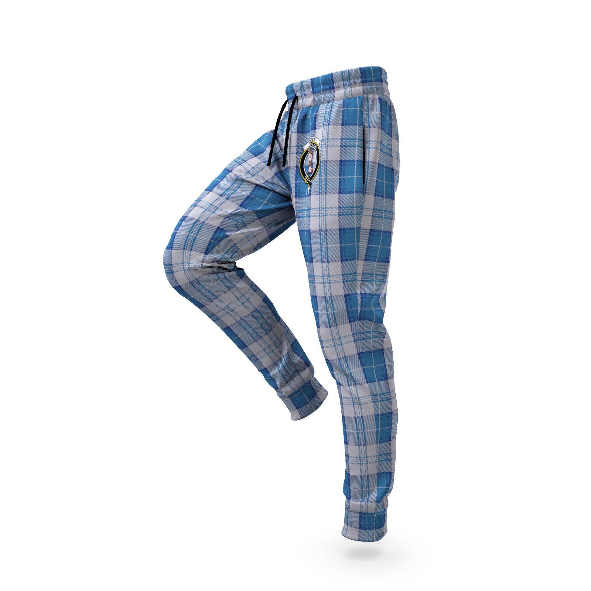 Menzies Dress Blue and White Tartan Joggers Pants with Family Crest S - Tartan Vibes Clothing