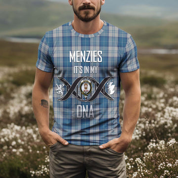 Menzies Dress Blue and White Tartan T-Shirt with Family Crest DNA In Me Style