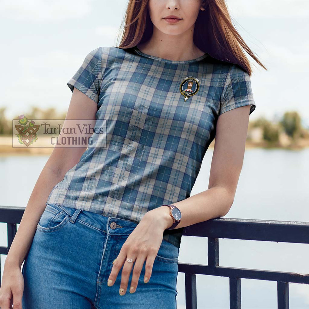 Menzies Dress Blue and White Tartan Cotton T-Shirt with Family Crest Women's Shirt - Tartanvibesclothing Shop