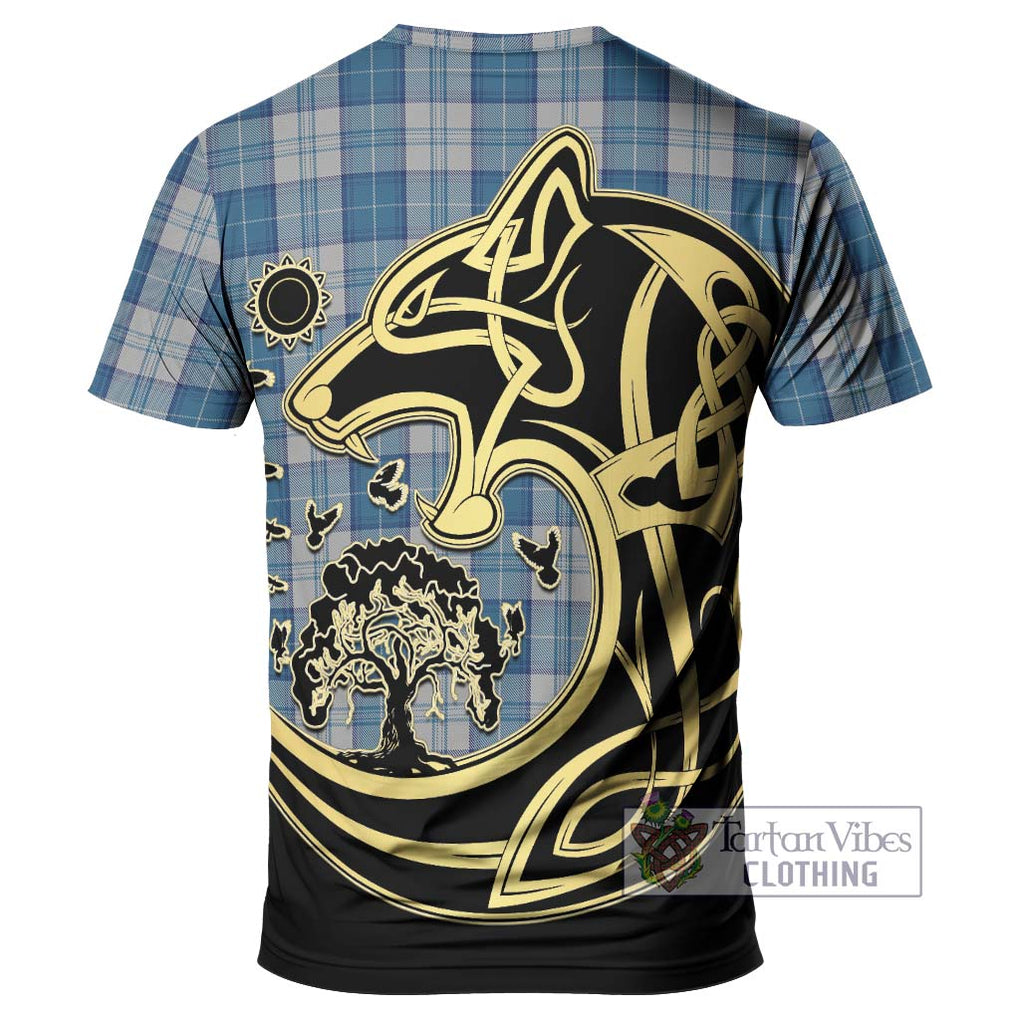 Menzies Dress Blue and White Tartan T-Shirt with Family Crest Celtic Wolf Style - Tartan Vibes Clothing