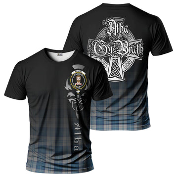 Menzies Dress Blue and White Tartan T-Shirt Featuring Alba Gu Brath Family Crest Celtic Inspired