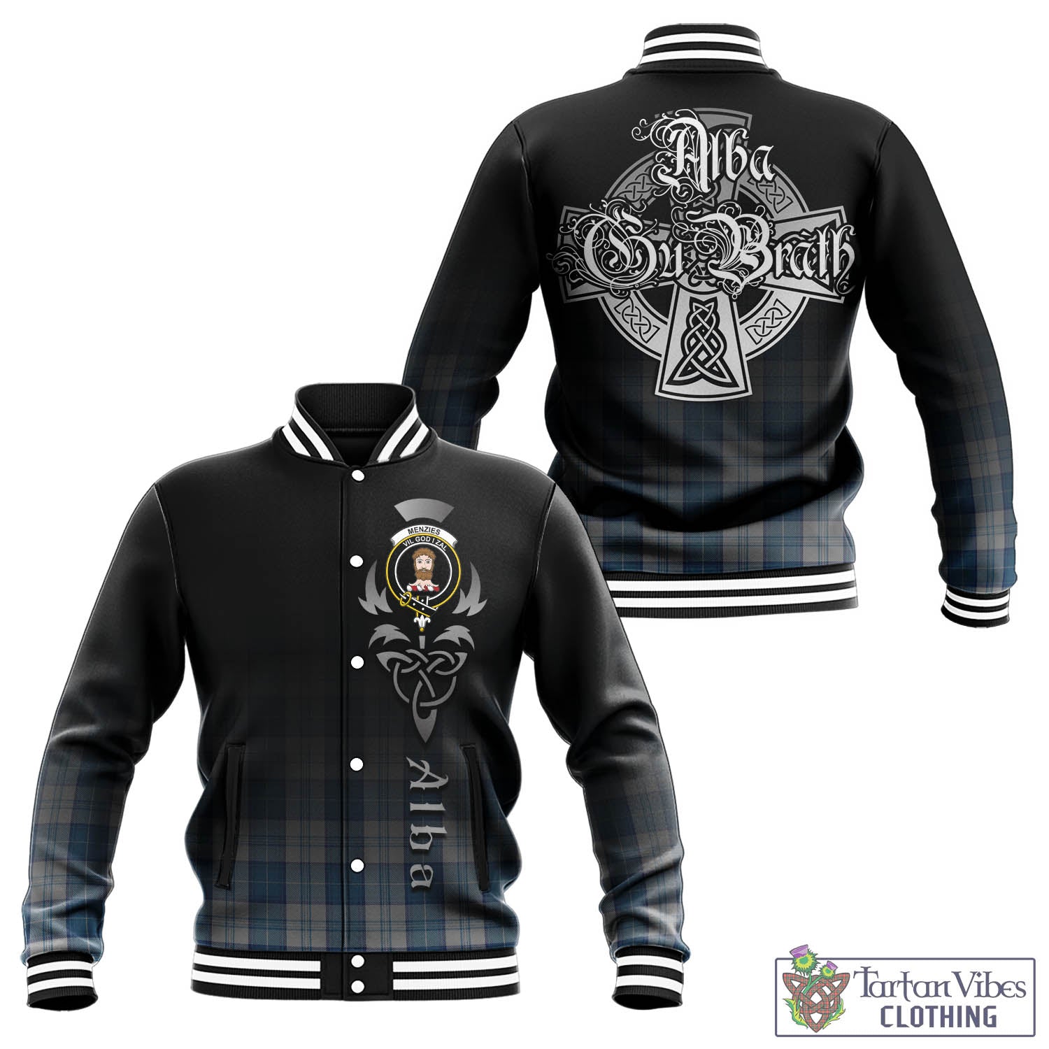 Tartan Vibes Clothing Menzies Dress Blue and White Tartan Baseball Jacket Featuring Alba Gu Brath Family Crest Celtic Inspired