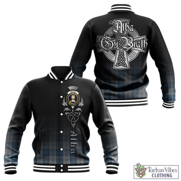 Menzies Dress Blue and White Tartan Baseball Jacket Featuring Alba Gu Brath Family Crest Celtic Inspired