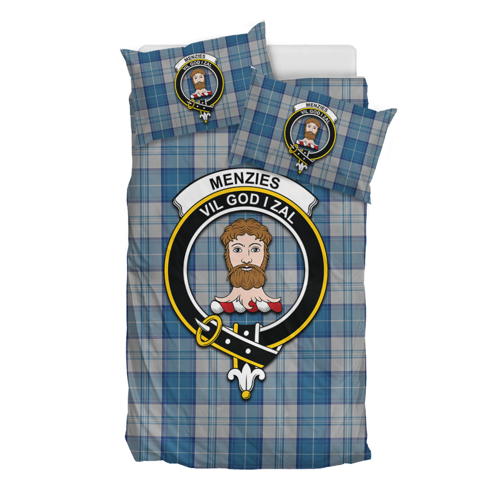 Menzies Dress Blue and White Tartan Bedding Set with Family Crest - Tartan Vibes Clothing