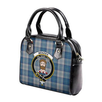 Menzies Dress Blue and White Tartan Shoulder Handbags with Family Crest