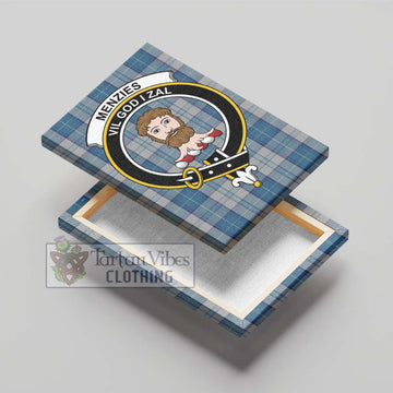 Menzies Dress Blue and White Tartan Canvas Print Wall Art with Family Crest