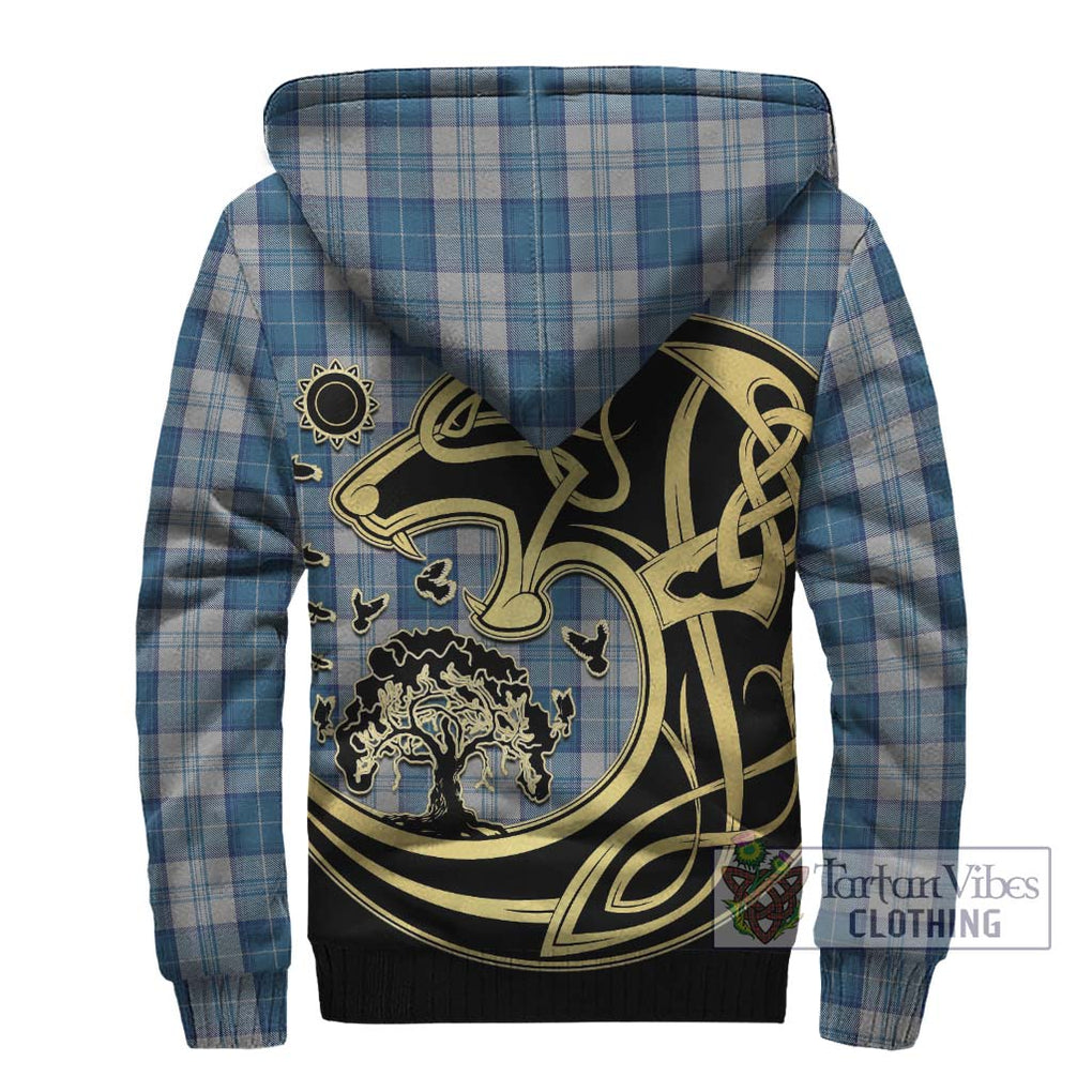 Menzies Dress Blue and White Tartan Sherpa Hoodie with Family Crest Celtic Wolf Style - Tartan Vibes Clothing