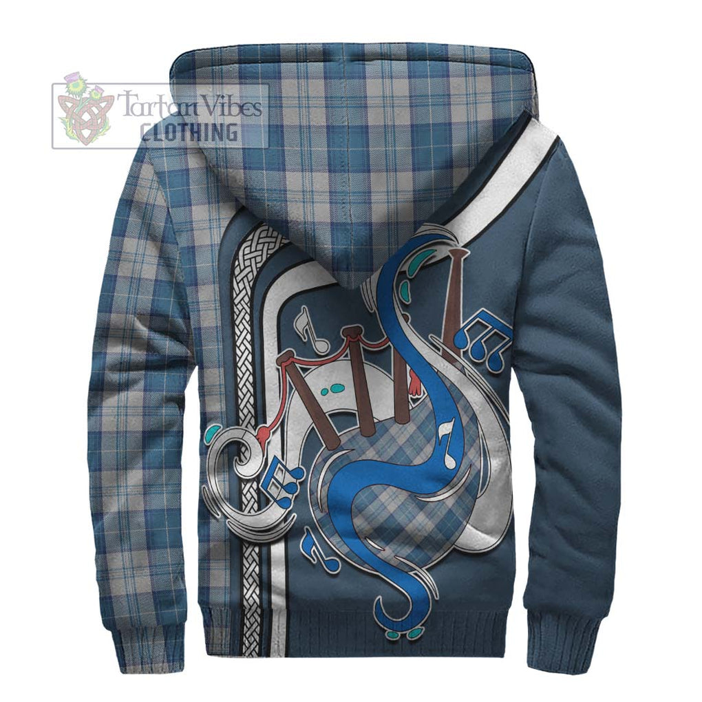 Menzies Dress Blue and White Tartan Sherpa Hoodie with Epic Bagpipe Style - Tartanvibesclothing Shop