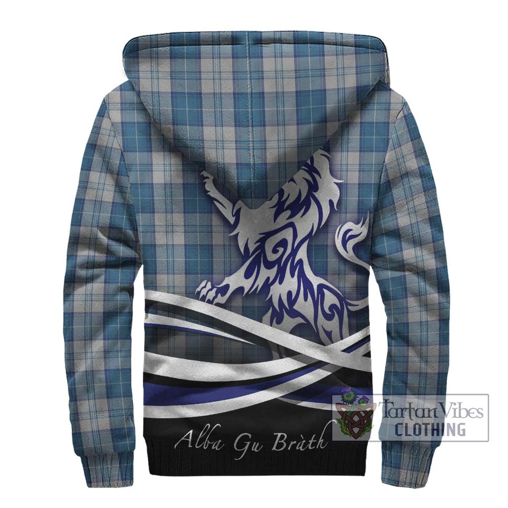 Menzies Dress Blue and White Tartan Sherpa Hoodie with Alba Gu Brath Regal Lion Emblem - Tartanvibesclothing Shop