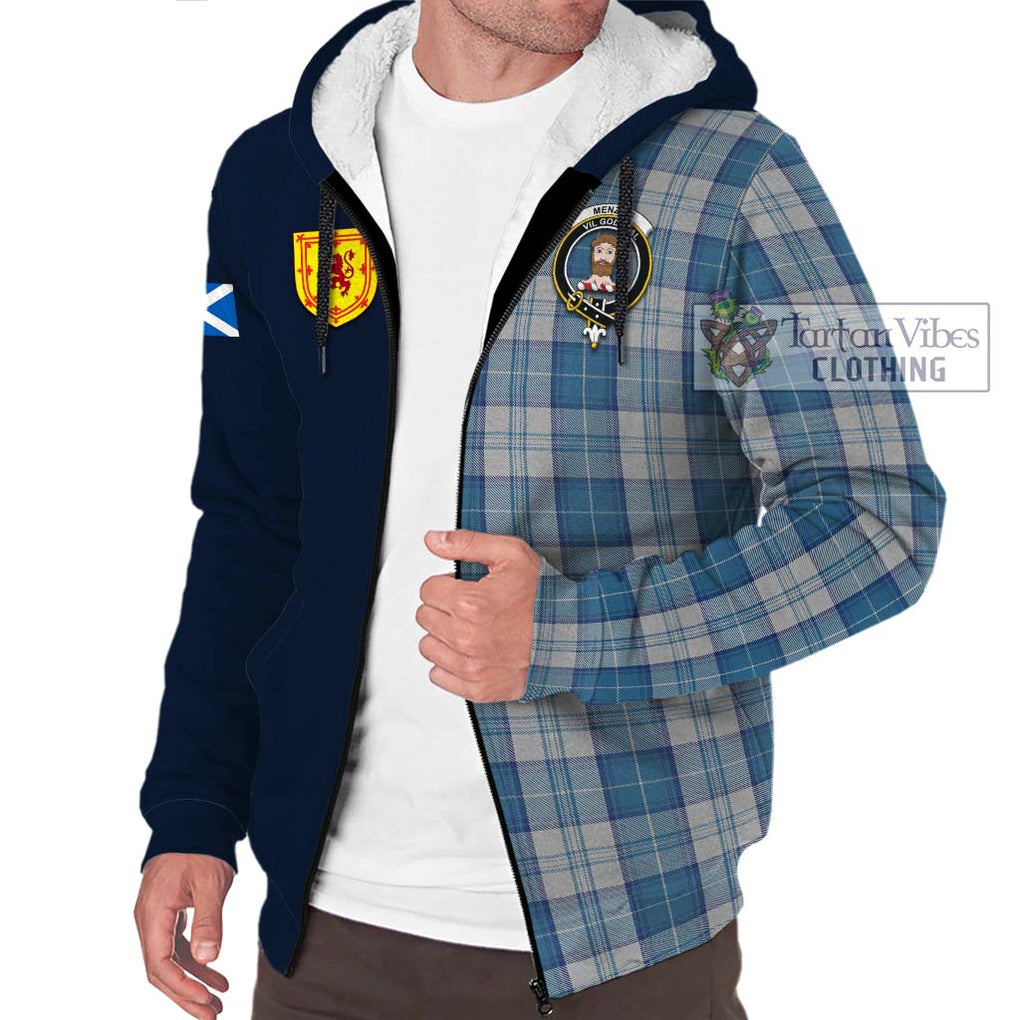 Tartan Vibes Clothing Menzies Dress Blue and White Tartan Sherpa Hoodie with Scottish Lion Royal Arm Half Style