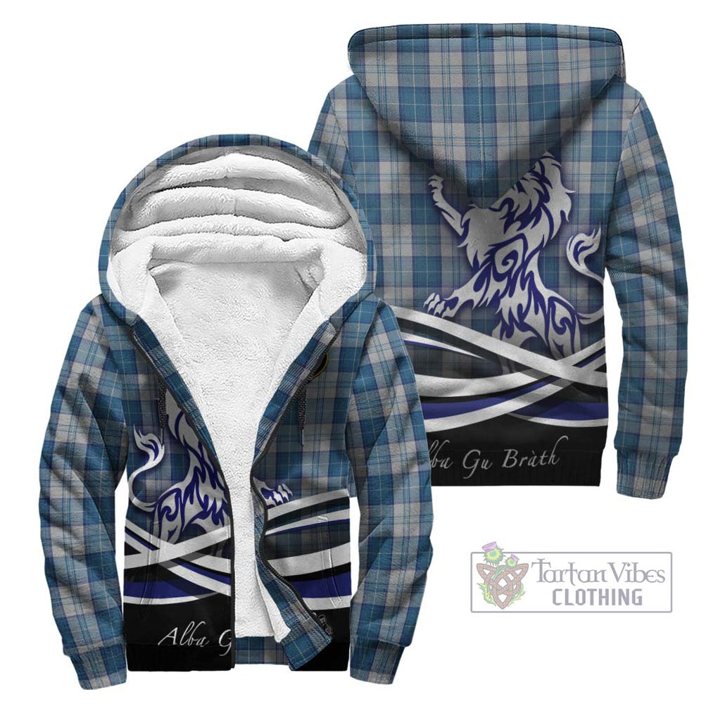 Menzies Dress Blue and White Tartan Sherpa Hoodie with Alba Gu Brath Regal Lion Emblem Unisex - Tartanvibesclothing Shop