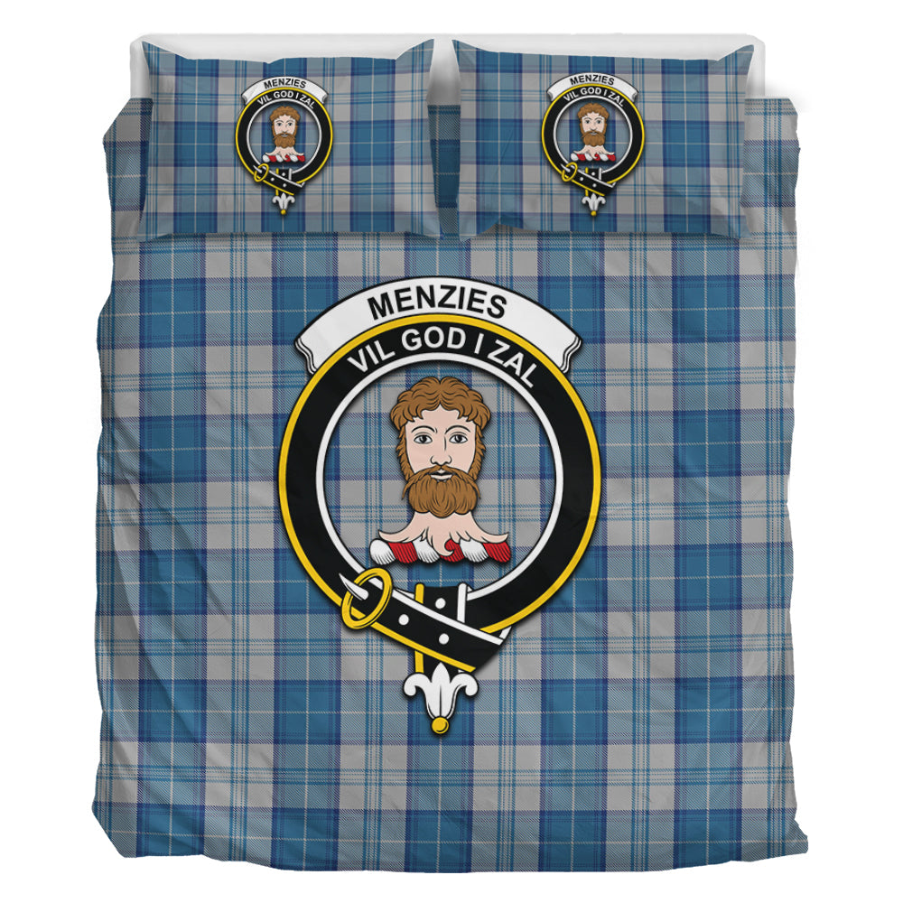 Menzies Dress Blue and White Tartan Bedding Set with Family Crest - Tartan Vibes Clothing