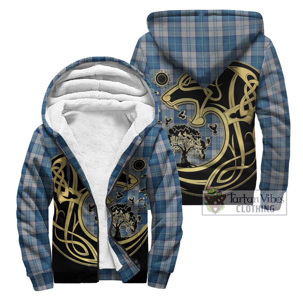 Menzies Dress Blue and White Tartan Sherpa Hoodie with Family Crest Celtic Wolf Style Unisex - Tartan Vibes Clothing