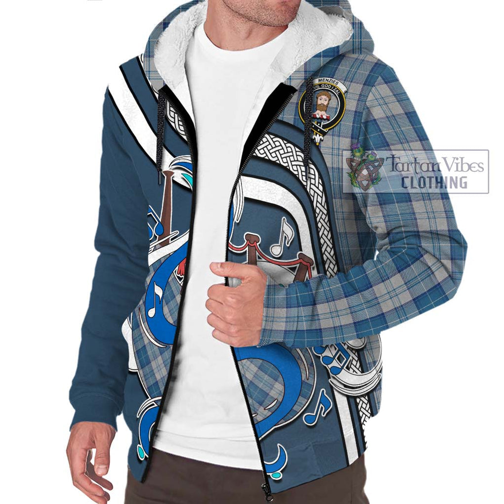 Menzies Dress Blue and White Tartan Sherpa Hoodie with Epic Bagpipe Style Unisex - Tartanvibesclothing Shop