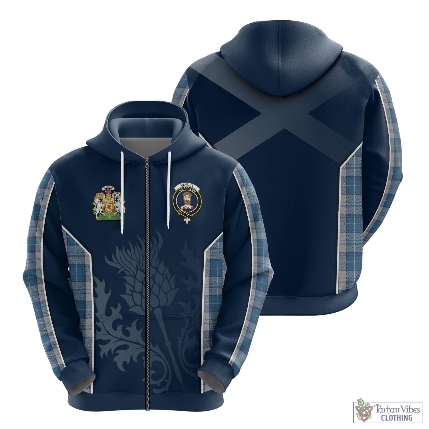 Tartan Vibes Clothing Menzies Dress Blue and White Tartan Hoodie with Family Crest and Scottish Thistle Vibes Sport Style