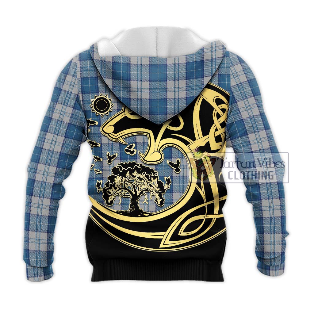 Tartan Vibes Clothing Menzies Dress Blue and White Tartan Knitted Hoodie with Family Crest Celtic Wolf Style