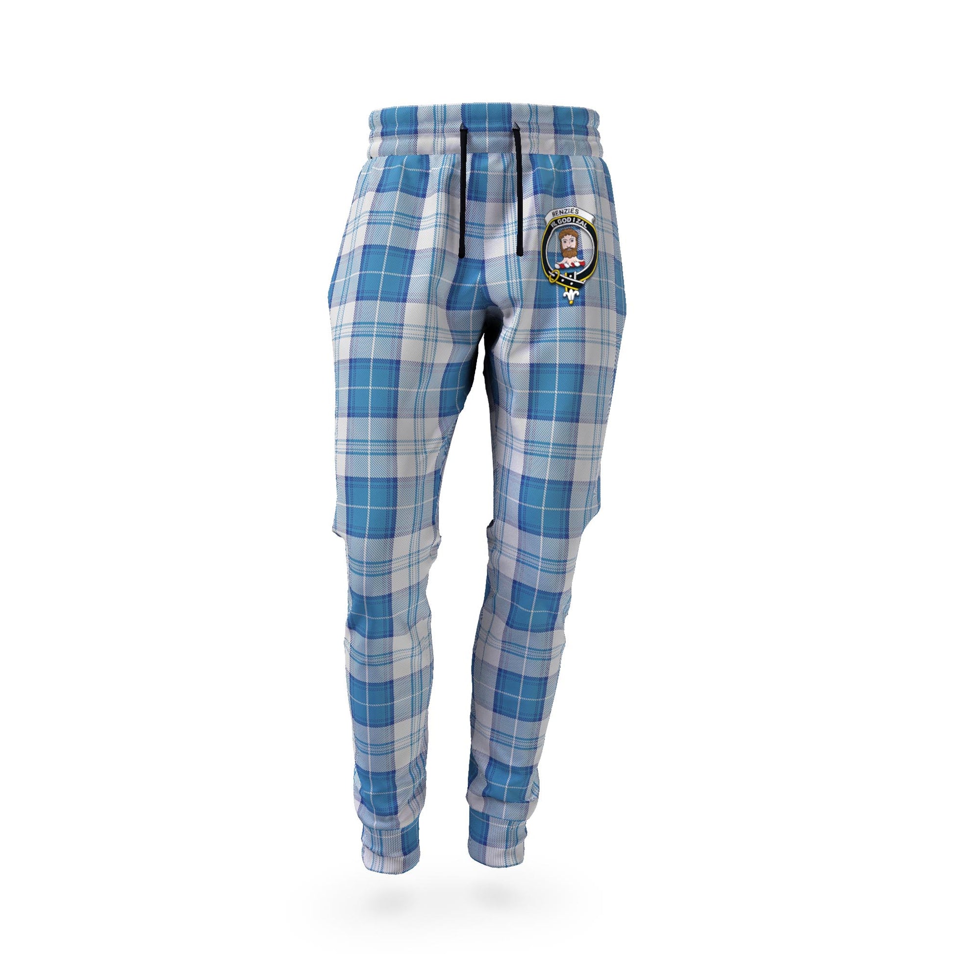 Menzies Dress Blue and White Tartan Joggers Pants with Family Crest - Tartan Vibes Clothing