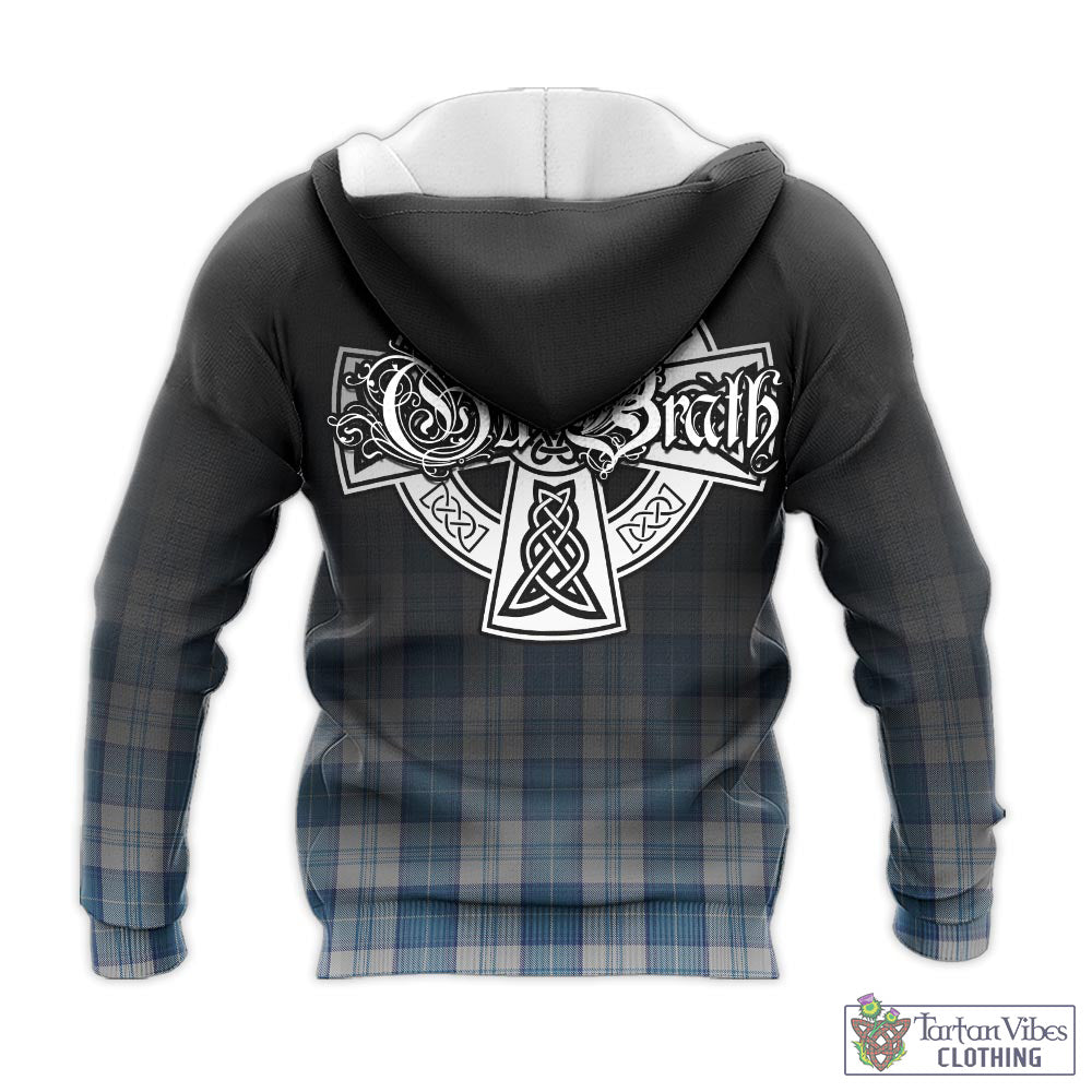 Tartan Vibes Clothing Menzies Dress Blue and White Tartan Knitted Hoodie Featuring Alba Gu Brath Family Crest Celtic Inspired