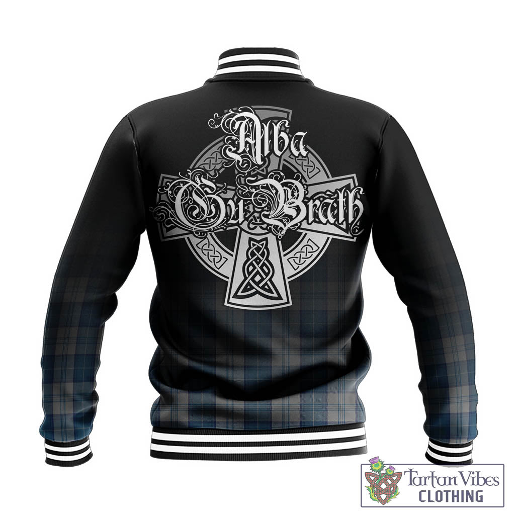 Tartan Vibes Clothing Menzies Dress Blue and White Tartan Baseball Jacket Featuring Alba Gu Brath Family Crest Celtic Inspired