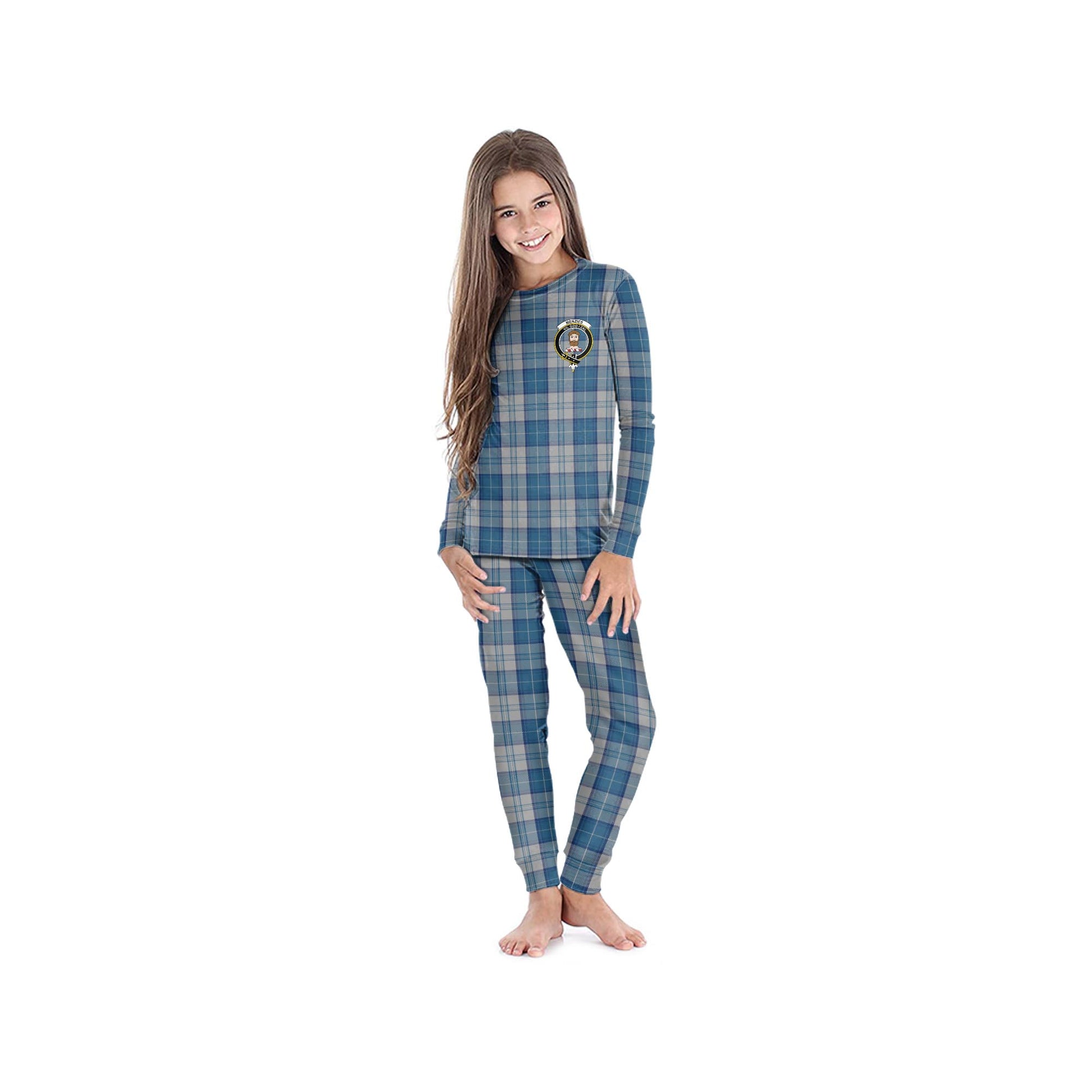 Menzies Dress Blue and White Tartan Pajamas Family Set with Family Crest - Tartanvibesclothing