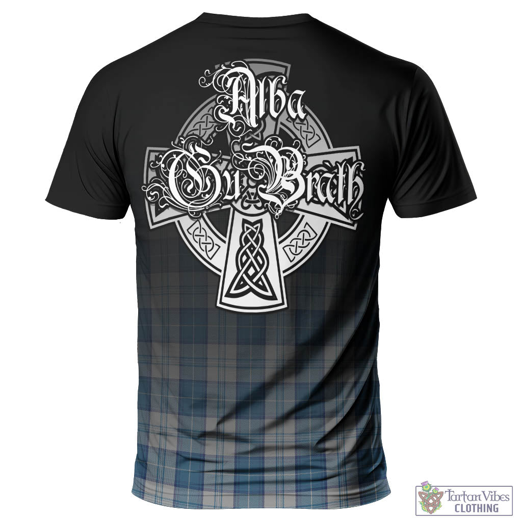 Tartan Vibes Clothing Menzies Dress Blue and White Tartan T-Shirt Featuring Alba Gu Brath Family Crest Celtic Inspired