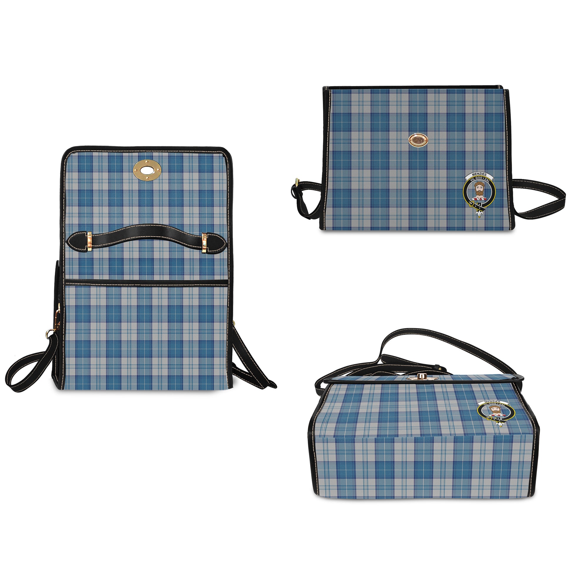 menzies-dress-blue-and-white-tartan-leather-strap-waterproof-canvas-bag-with-family-crest
