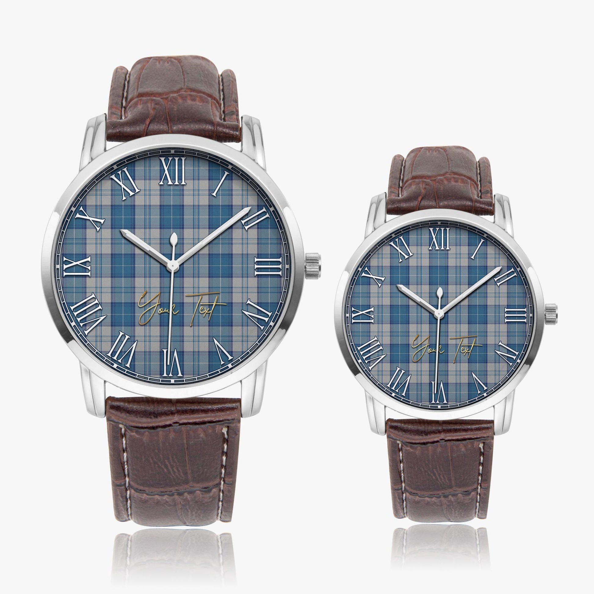 Menzies Dress Blue and White Tartan Personalized Your Text Leather Trap Quartz Watch Wide Type Silver Case With Brown Leather Strap - Tartanvibesclothing