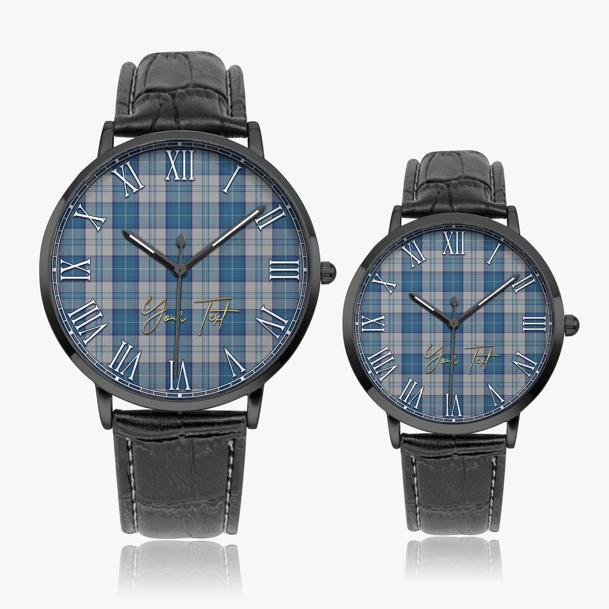 Menzies Dress Blue and White Tartan Personalized Your Text Leather Trap Quartz Watch Ultra Thin Black Case With Black Leather Strap - Tartanvibesclothing