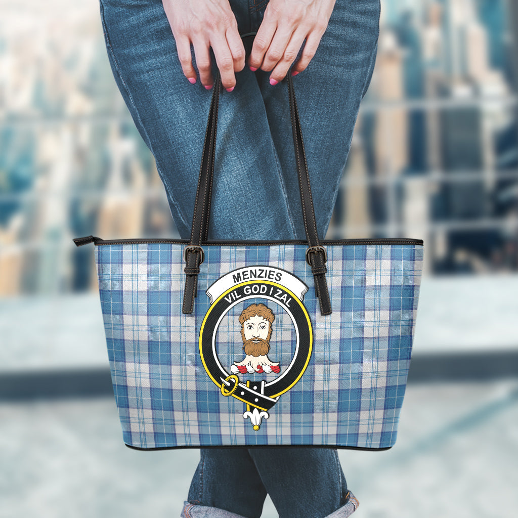 Menzies Dress Blue and White Tartan Leather Tote Bag with Family Crest - Tartan Vibes Clothing