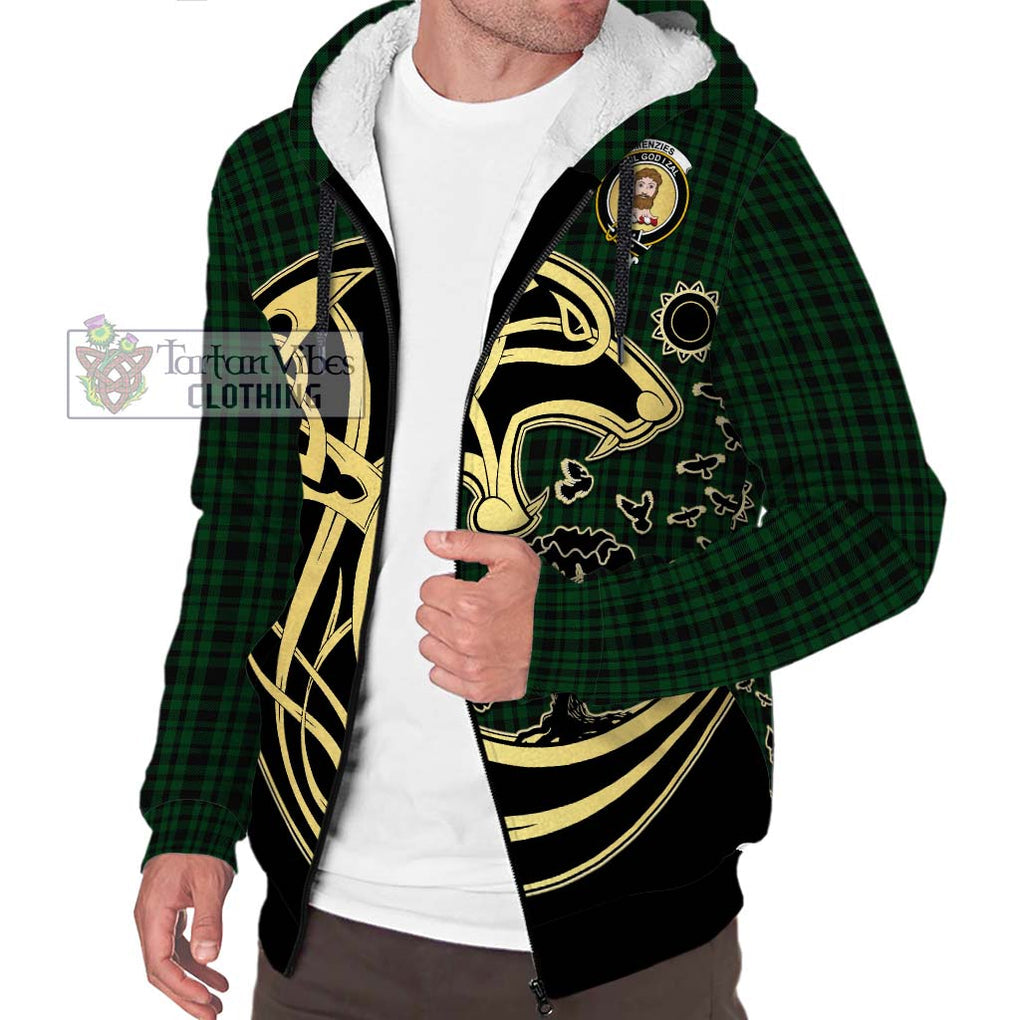 Menzies Green Tartan Sherpa Hoodie with Family Crest Celtic Wolf Style Unisex S - Tartan Vibes Clothing