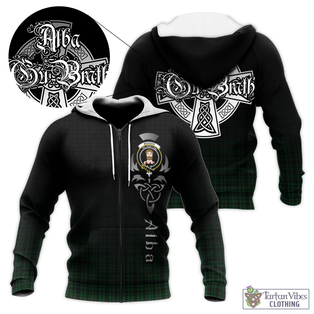 Tartan Vibes Clothing Menzies Green Tartan Knitted Hoodie Featuring Alba Gu Brath Family Crest Celtic Inspired