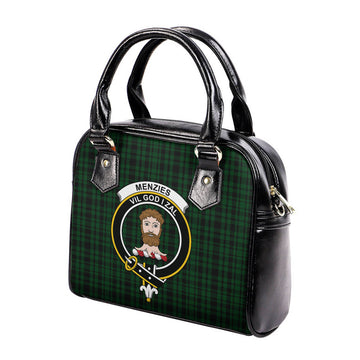 Menzies Green Tartan Shoulder Handbags with Family Crest