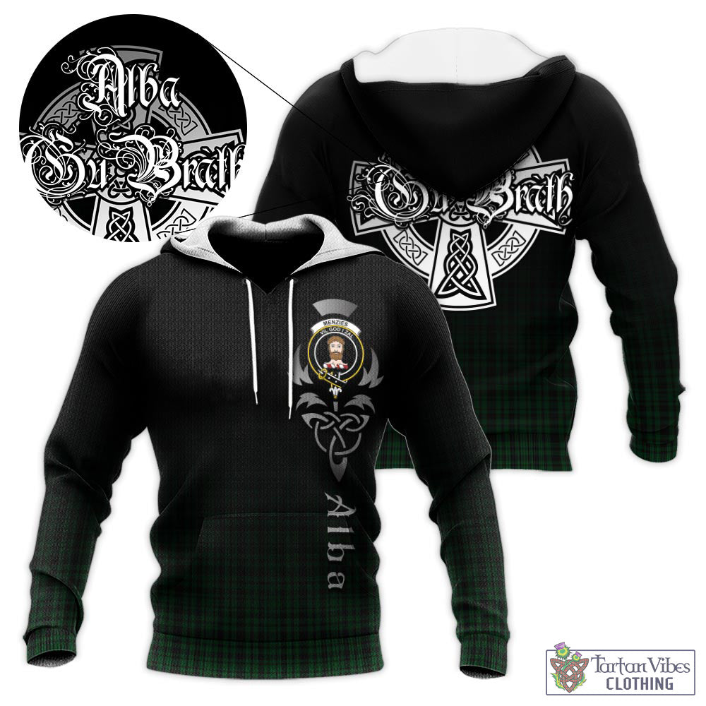 Tartan Vibes Clothing Menzies Green Tartan Knitted Hoodie Featuring Alba Gu Brath Family Crest Celtic Inspired