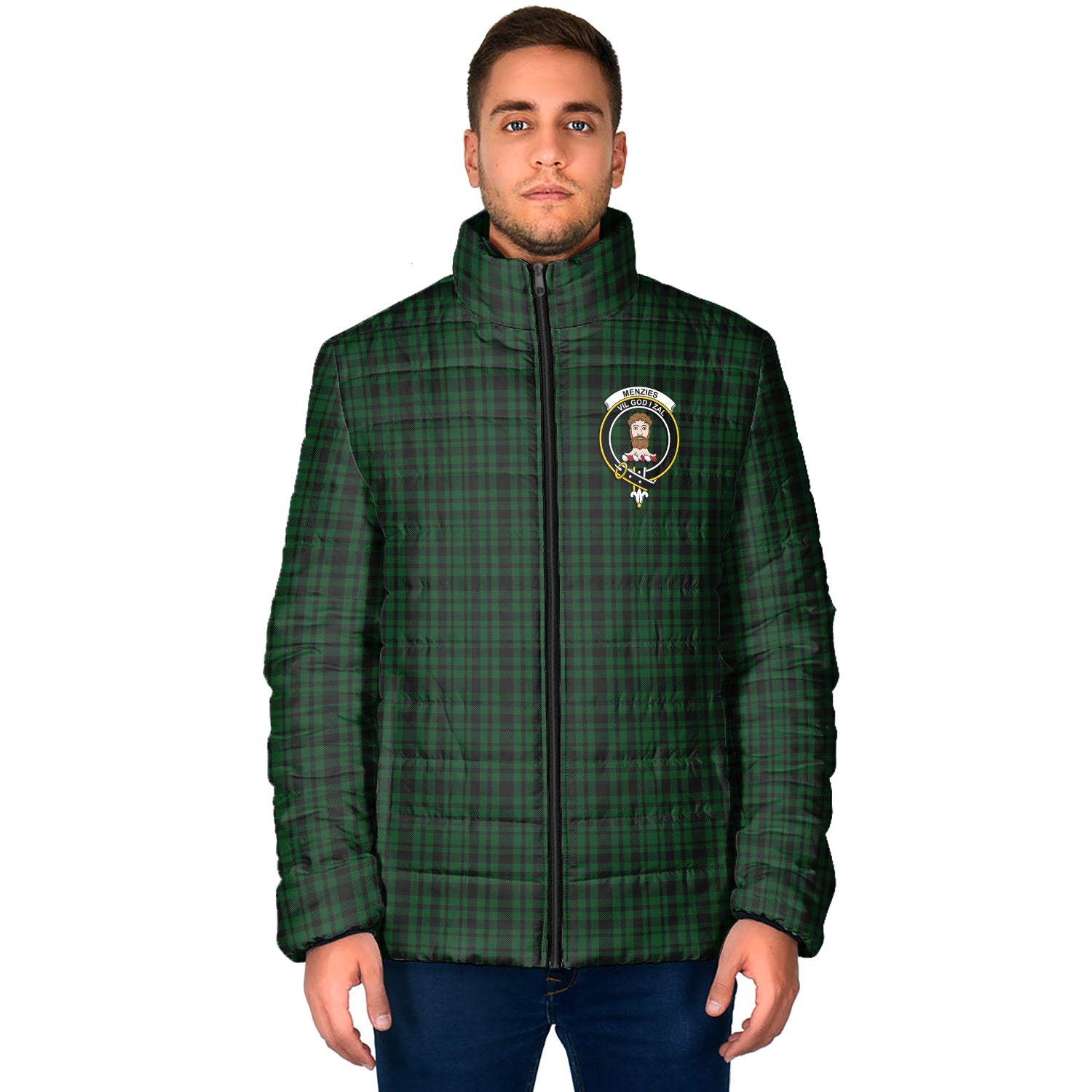 Menzies Green Tartan Padded Jacket with Family Crest - Tartan Vibes Clothing