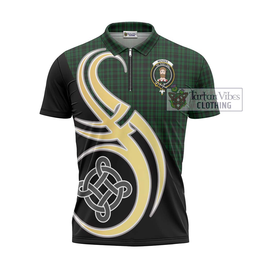 Tartan Vibes Clothing Menzies Green Tartan Zipper Polo Shirt with Family Crest and Celtic Symbol Style