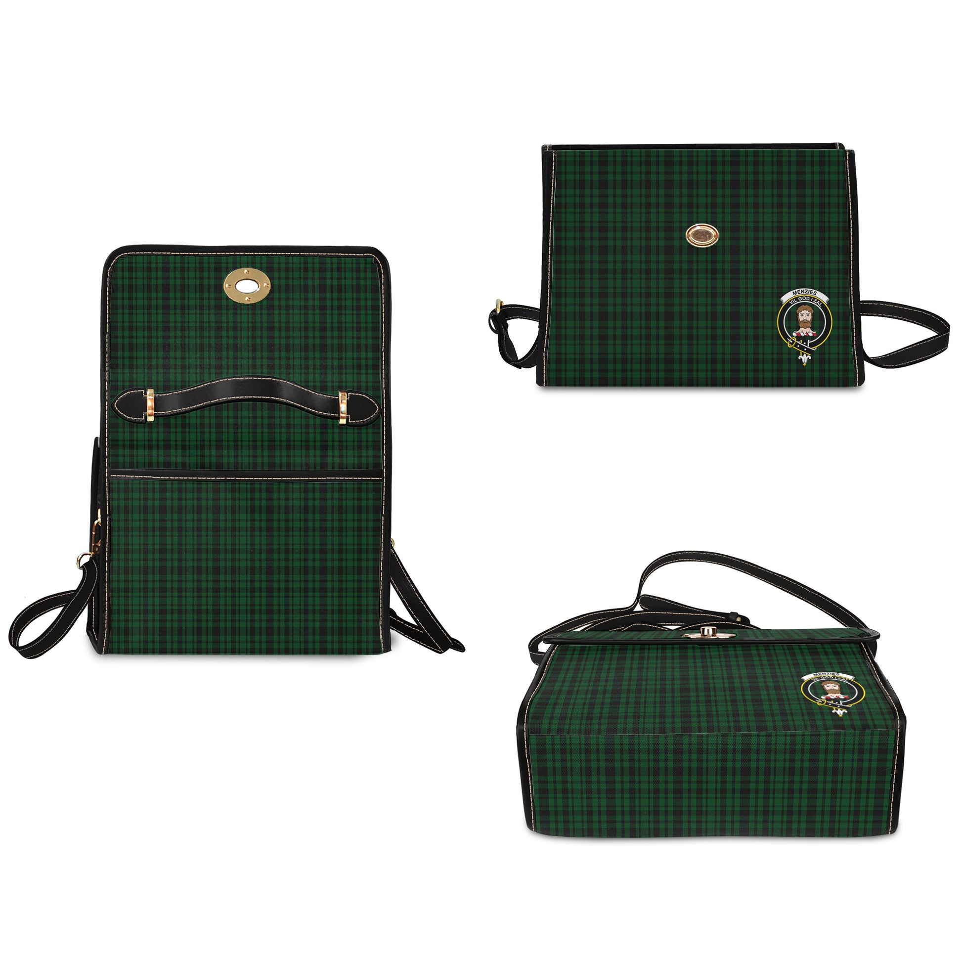 menzies-green-tartan-leather-strap-waterproof-canvas-bag-with-family-crest