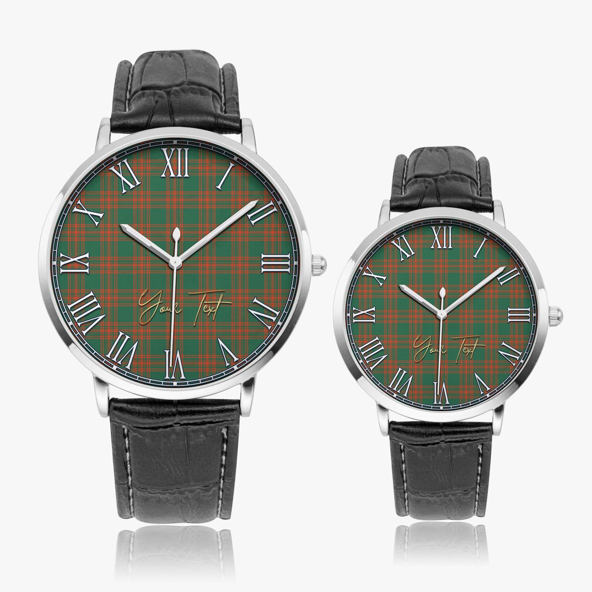 Menzies Green Ancient Tartan Personalized Your Text Leather Trap Quartz Watch Ultra Thin Silver Case With Black Leather Strap - Tartanvibesclothing