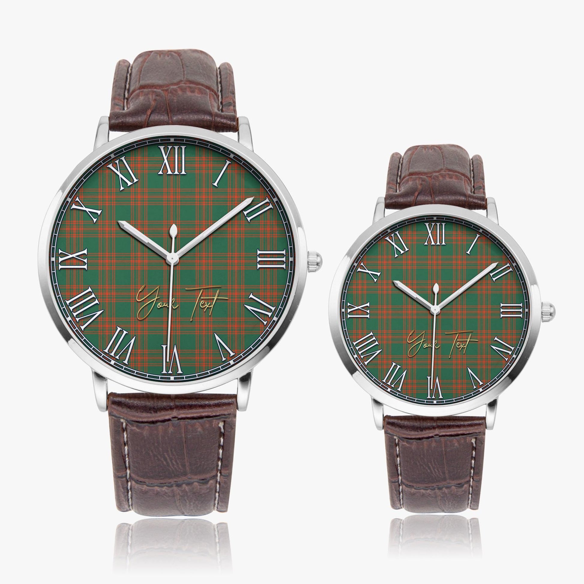 Menzies Green Ancient Tartan Personalized Your Text Leather Trap Quartz Watch Ultra Thin Silver Case With Brown Leather Strap - Tartanvibesclothing