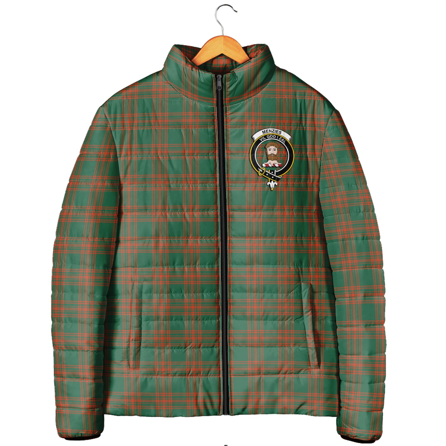 Menzies Green Ancient Tartan Padded Jacket with Family Crest Men's Padded Jacket - Tartan Vibes Clothing