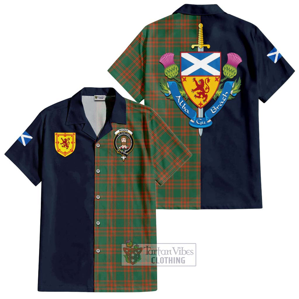 Tartan Vibes Clothing Menzies Green Ancient Tartan Short Sleeve Button Shirt with Scottish Lion Royal Arm Half Style