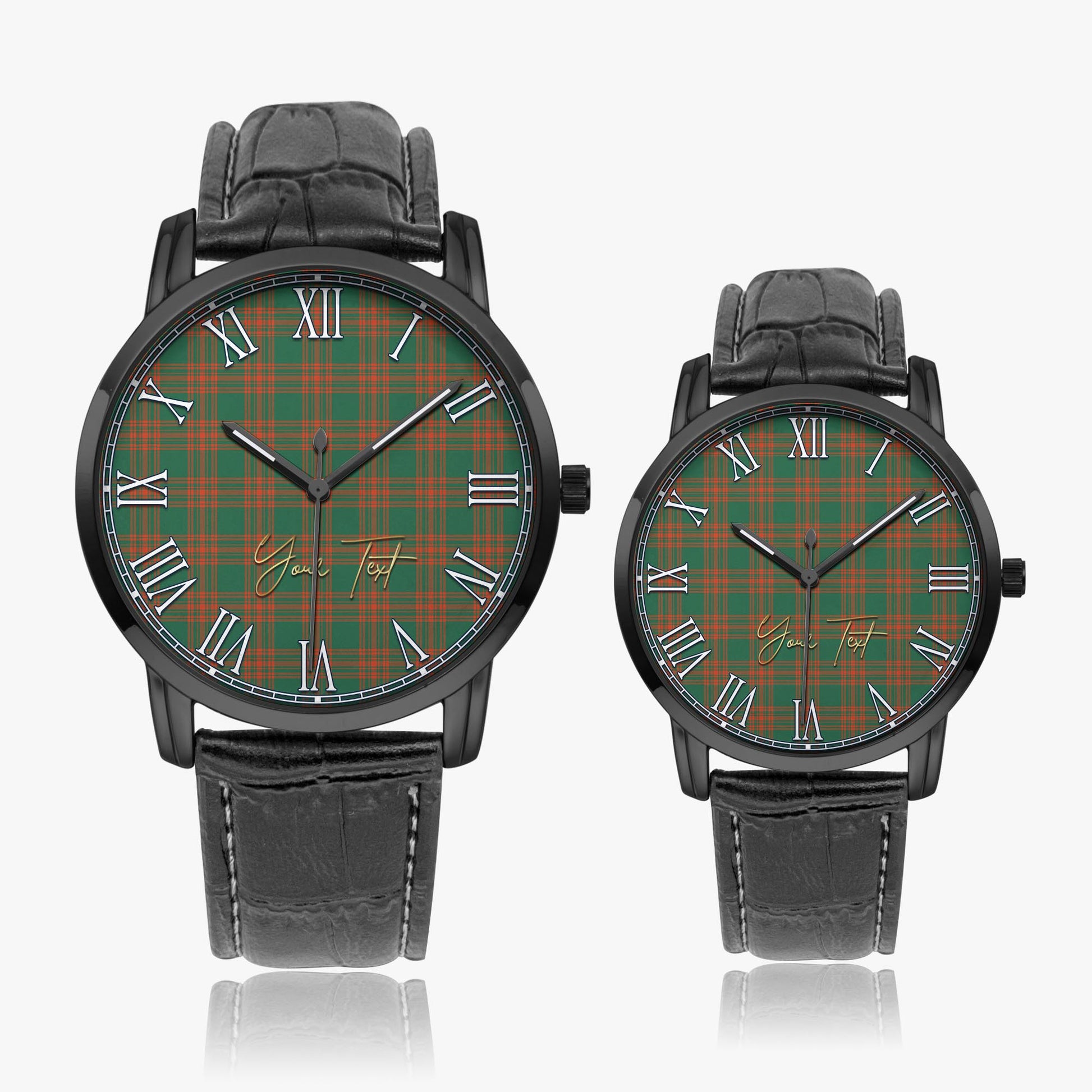 Menzies Green Ancient Tartan Personalized Your Text Leather Trap Quartz Watch Wide Type Black Case With Black Leather Strap - Tartanvibesclothing