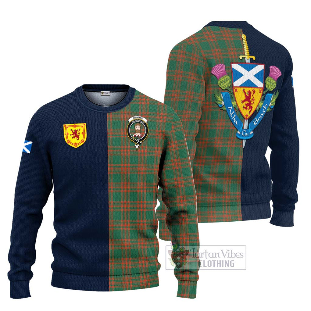 Tartan Vibes Clothing Menzies Green Ancient Tartan Knitted Sweater with Scottish Lion Royal Arm Half Style