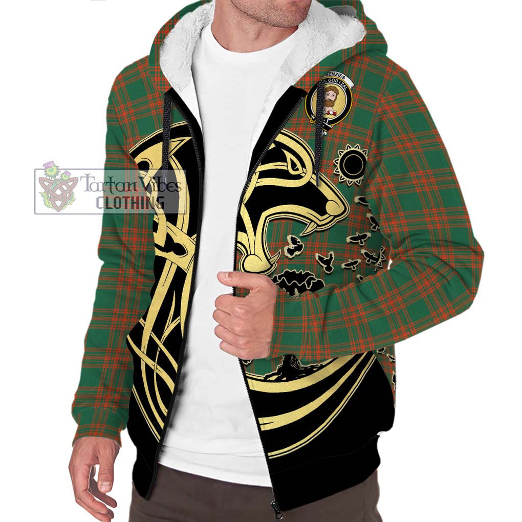 Menzies Green Ancient Tartan Sherpa Hoodie with Family Crest Celtic Wolf Style Unisex S - Tartan Vibes Clothing