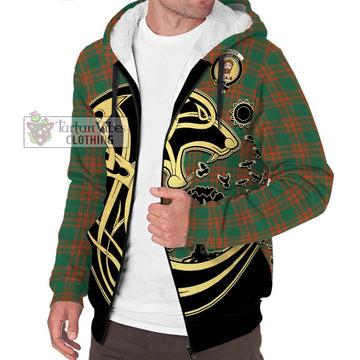 Menzies Green Ancient Tartan Sherpa Hoodie with Family Crest Celtic Wolf Style