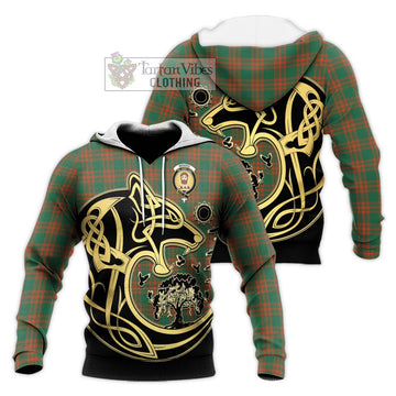 Menzies Green Ancient Tartan Knitted Hoodie with Family Crest Celtic Wolf Style