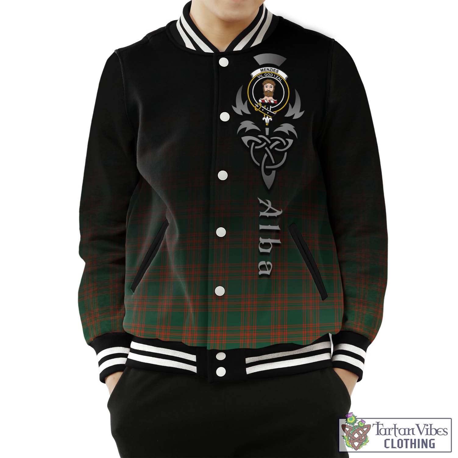 Tartan Vibes Clothing Menzies Green Ancient Tartan Baseball Jacket Featuring Alba Gu Brath Family Crest Celtic Inspired