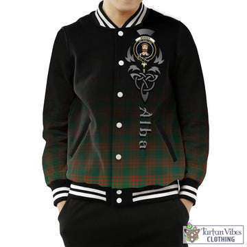 Menzies Green Ancient Tartan Baseball Jacket Featuring Alba Gu Brath Family Crest Celtic Inspired